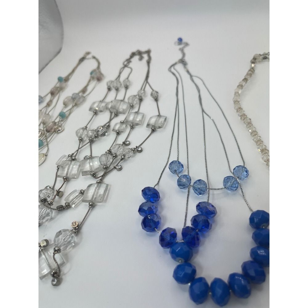 Lot 4pc Women's Necklaces Layered Beaded Shell Geometric Blue Clear Silver